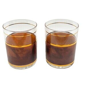 Culver Vintage MCM Barware Drinking Glasses set of 2 Brown Leather-Look Design